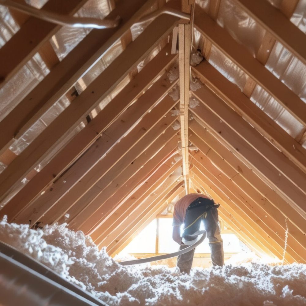 A worker efficiently insulating an attic with loose fill fiberglass using a hose to distribute the material evenly. the well-lit attic detailed process of enhancing energy efficiency in home improvement projects.